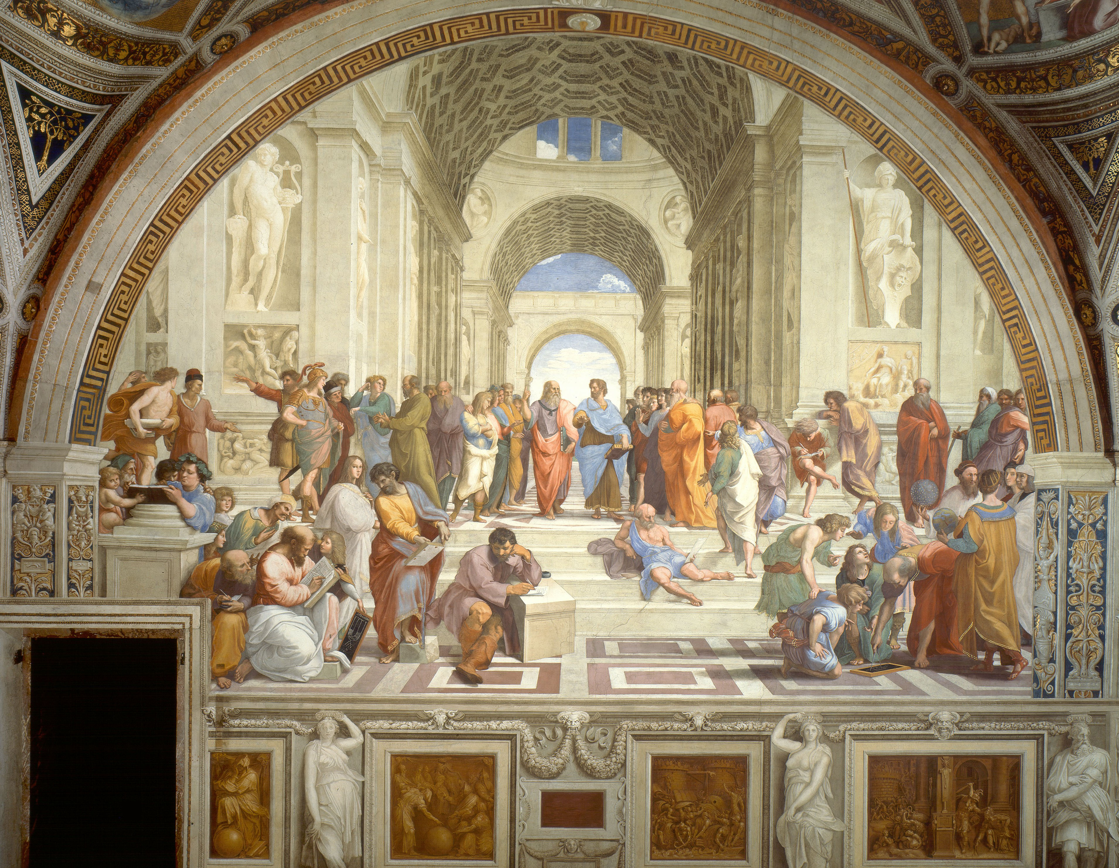 The School of Athens painted by Raphael in about 1509 typifies what the Renaissance was all about. The humanists looked back on ancient Greece and Rome as a time of cultural advancement and artistic achievement—and they wanted to bring the “light” of those times into their own age. With the ancient Greek philosophers Plato and Aristotle at the center of the action, the School of Athens pictures numerous philosophers reading, writing, listening, and discussing. This demonstrates some key beliefs of the Renaissance humanists—that society should pursue knowledge and education, that ideas both old and new are worthwhile and exciting, and that public debate is important.  (Image via Wikipedia) 